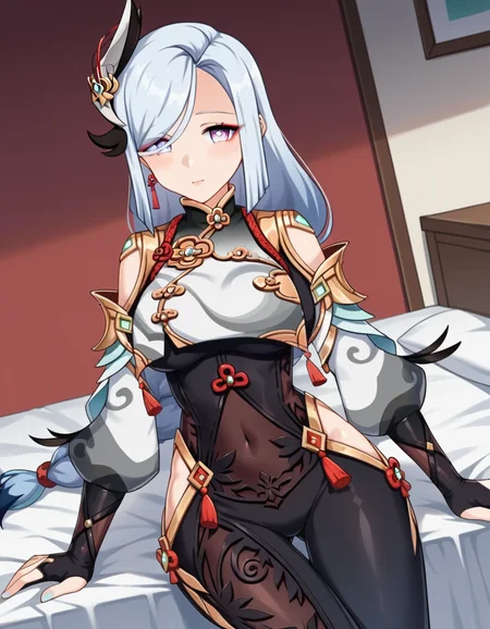 score_9, score_8_up, score_7_up, source_anime,
shenhe, <lora:genshin-shenhe-ingame-ponyxl-lora-nochekaiser:1>,
shenhe, blue eyes, braided ponytail, earrings, eyelashes, eyeliner, eyes visible through hair, eyeshadow, hair between eyes, makeup, red eyeshadow, sidelocks, single earring, symbol-shaped pupils, tassel, tassel earrings, white hair, long hair,
arm support, bare shoulders, black bodysuit, black gloves, bodysuit, breast curtain, chinese knot, clothing cutout, covered navel, detached sleeves,gloves, gold trim, hip vent, jewelry, long sleeves, partially fingerless gloves, puffy detached sleeves, puffy long sleeves, puffy sleeves, shoulder cutout, side cutout, stomach cutout, thigh cutout, white sleeves,
indoors, bed, bed room, on side, blush, drunk,
looking at viewer, cowboy shot, dutch angle,