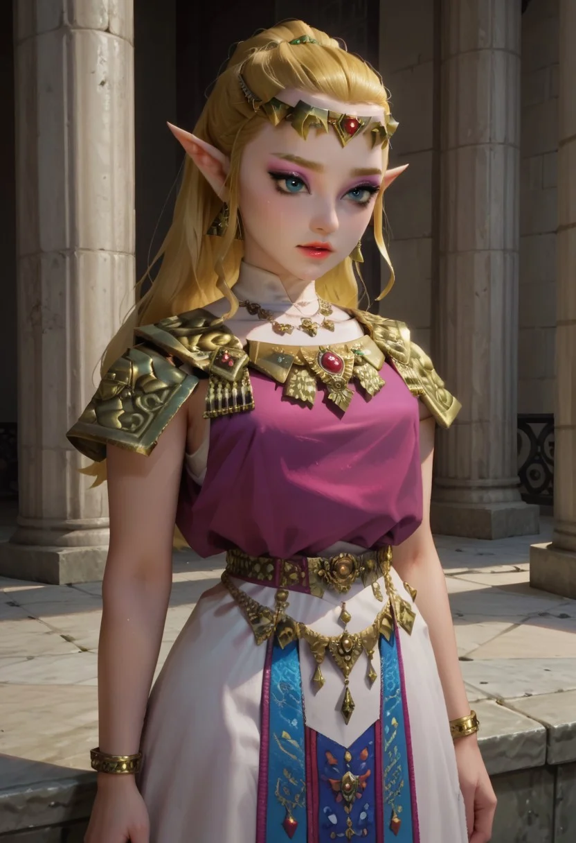 score_9, score_8_up, score_7_up,masterpiece,perfect face,high quality,perfect eyes, highly detailed,masterpiece,1girl, solo, blue eyes, ootzelda,dress, shoulder armor,tiara, jewelry,blonde hair, pointy ears, mascara, makeup, eyeshadow