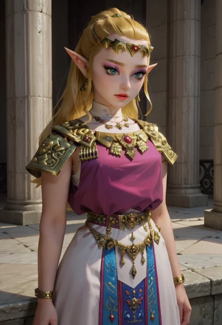 score_9, score_8_up, score_7_up,masterpiece,perfect face,high quality,perfect eyes, highly detailed,masterpiece,1girl, solo, blue eyes, ootzelda,dress, shoulder armor,tiara, jewelry,blonde hair, pointy ears, mascara, makeup, eyeshadow