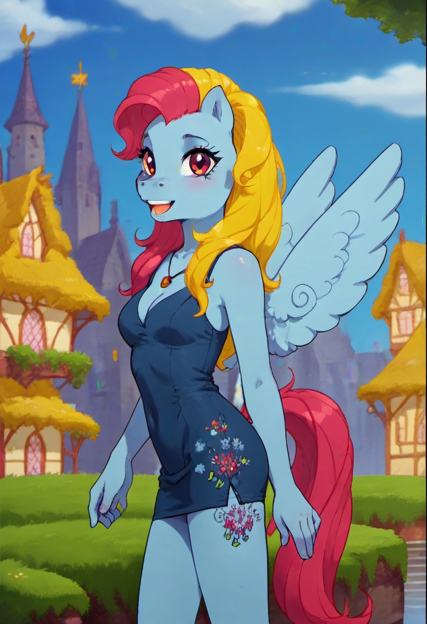 score_9, score_8_up, score_7_up, score_6_up, score_5_up, score_4_up, detailed background
outdoors, ponyville, village
Thistle Whistle mlp, anthro, anthro equine, pegasus, multicolored hair, spread wings, slim, standing, small pointy breasts, very happy, break, light blue short dress, cleavage.
looking at viewer, 3/4 side view