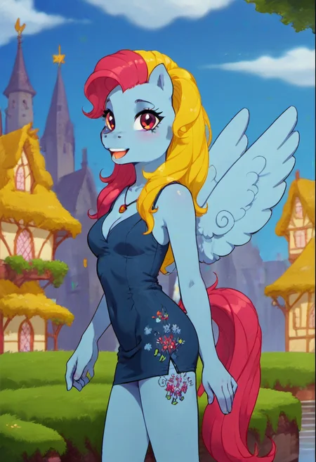 score_9, score_8_up, score_7_up, score_6_up, score_5_up, score_4_up, detailed background
outdoors, ponyville, village
Thistle Whistle mlp, anthro, anthro equine, pegasus, multicolored hair, spread wings, slim, standing, small pointy breasts, very happy, break, light blue short dress, cleavage.
looking at viewer, 3/4 side view