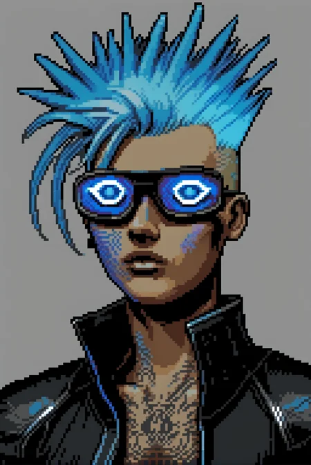 a man with neon blue hair styled into a mohawk, with digital tattoos glowing along their arms. They wear a sleek, black leather jacket with embedded LED displays, and their eyes are covered by augmented reality glasses displaying scrolling code. <lora:pixelportraits192-v1-2151:0.75>
