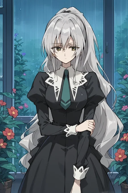 score_9, score_8_up, score_7_up, score_6_up,
<lora:Shizuma_Hanazono:1> shizuma, 1girl, solo, long hair, rain, flower, window, plant, grey hair, ponytail, school uniform, necktie, dress, long sleeves, black dress, expressionless, miator