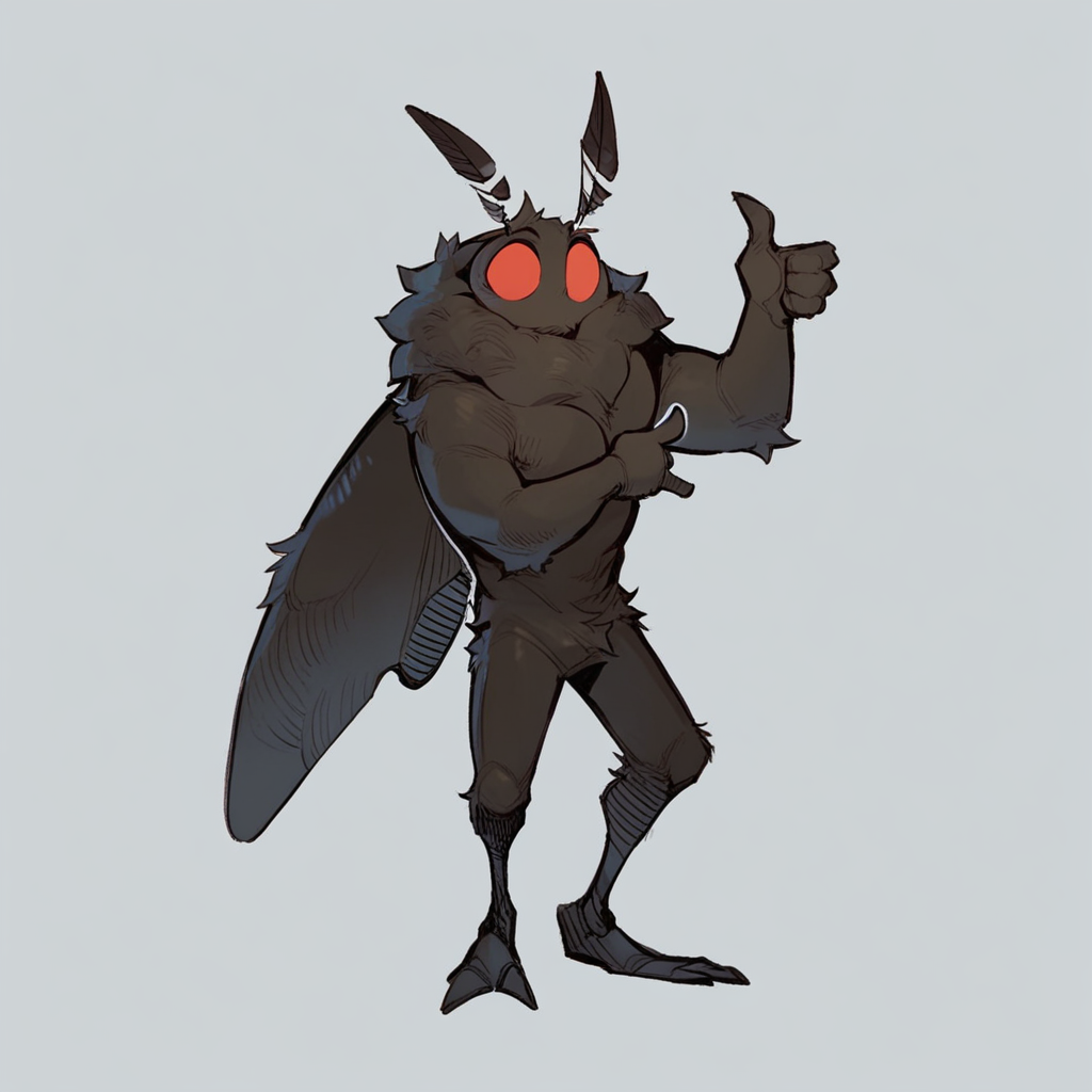 score_9, score_8_up, score_7_up, solo male, mothman, black fur, red eyes, antennae, mouthless, wings, (thumbs up), simple background,
