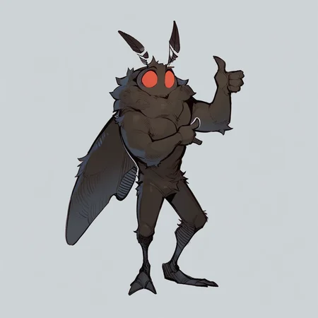 score_9, score_8_up, score_7_up, solo male, mothman, black fur, red eyes, antennae, mouthless, wings, (thumbs up), simple background,