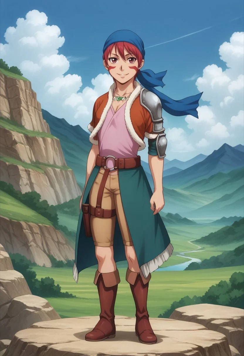 score_9, score_8_up, score_7_up, source_anime, highly detailed,
alfarid, 1girl, solo, boots, red hair, short hair, belt, jewelry, full body, shorts, necklace, bandana, facial mark, smile, knee boots, armor, holster, red eyes,
outdoor, mountains, sky, clouds, wind,