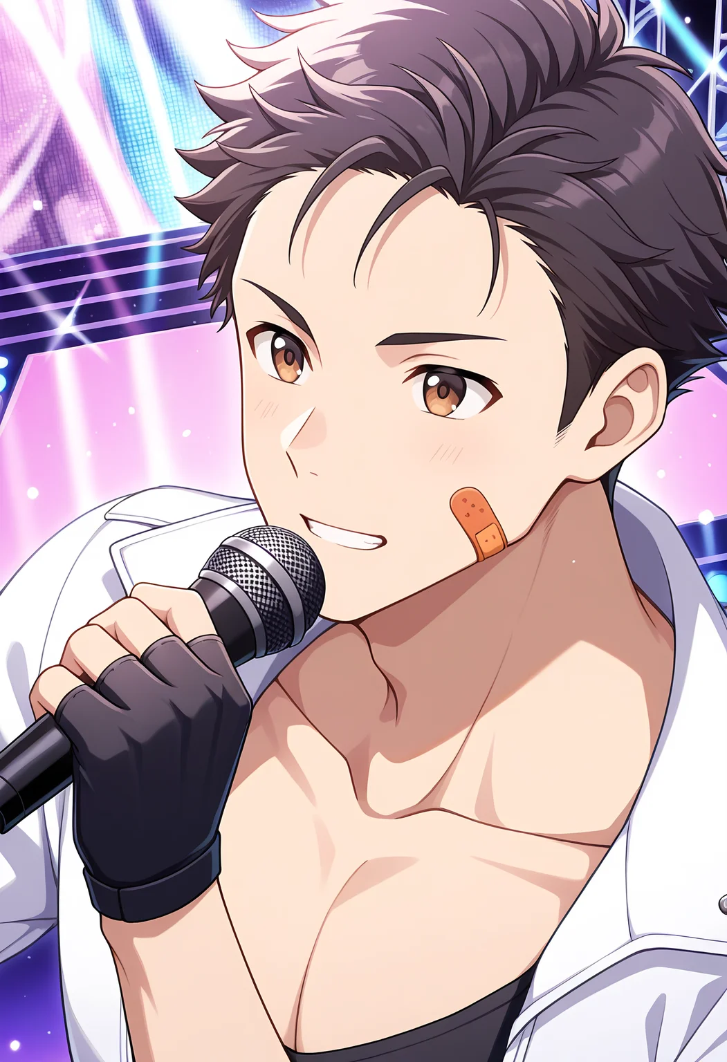 masterpiece, best quality, newest, absurdres, 1boy, solo, male focus, close up, BREAK
<lora:Kimura_Ryu_Illustrious:1> k1mur4_ry, black hair, brown eyes, bandaid, bandaid on face, BREAK
muscular male, BREAK
white jacket, collarbone, fingerless gloves, holding microphone, anime, BREAK
concert, stage, light particles