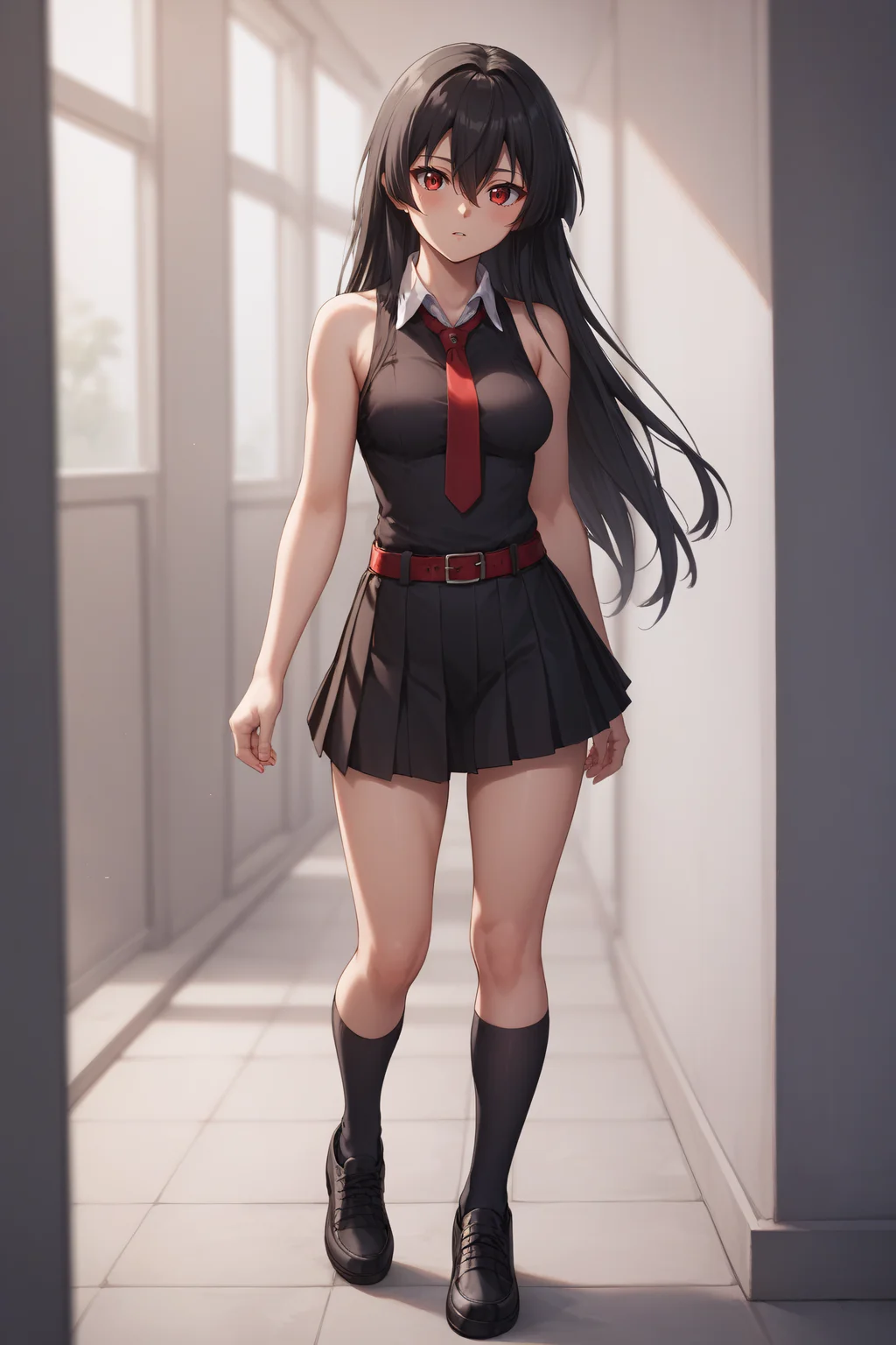 score_9, score_8_up, score_7_up, BREAK source_anime, <lora:akame-PonyXL:0.8> akame, red eyes, black hair, long hair, hair between eyes, medium breasts, black pleated skirt, black sleeveless shirt, bare shoulders, red necktie, red belt, black socks, black shoes, standing,