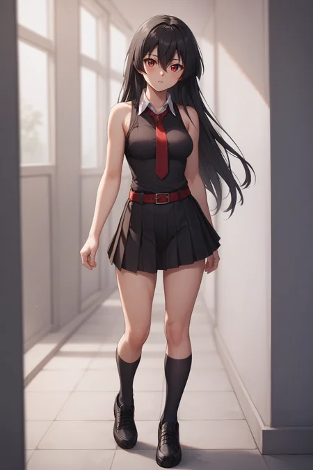 score_9, score_8_up, score_7_up, BREAK source_anime, <lora:akame-PonyXL:0.8> akame, red eyes, black hair, long hair, hair between eyes, medium breasts, black pleated skirt, black sleeveless shirt, bare shoulders, red necktie, red belt, black socks, black shoes, standing,