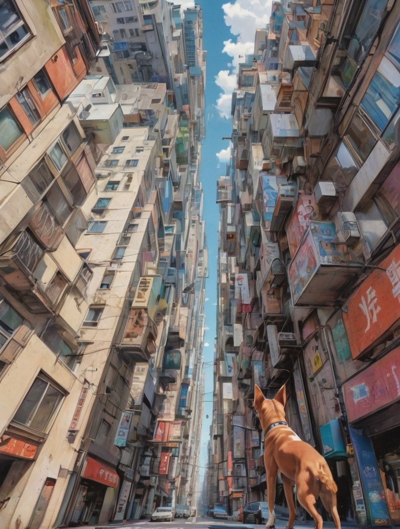 otclillsn, precisionism, a strange impossible anime tilted 454.78 degree upside down, baffling optical illusion, disorienting angle, a wast city skyline, technical dog walking on a busy street, composition, low-saturation, <lora:- SDXL - otclillsn_impossible_geo_V1.0:.7>