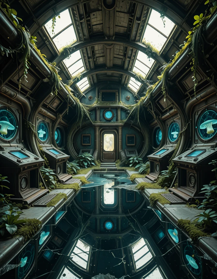 The interior of an ancient abandoned spaceship, overtaken by lush vegetation. The walls and ceiling are covered in thick, twisting vines and moss. Strange alien plants glow faintly in shades of blue and green, casting an eerie, mystical light across the metallic surfaces. Rusted control panels and shattered glass windows hint at a long-forgotten past. The floor is cracked and partially flooded with still, reflective water. Patches of bioluminescent fungi cling to the corners, adding a surreal atmosphere. The air feels heavy with moisture, and beams of soft, diffused light filter through holes in the hull, creating dramatic shafts of light and shadow. The overall style is hyper-realistic, rich in textures, with a cinematic and slightly melancholic mood.<lora:SDXLFaeTastic2400:0.4> <lora:extremely_detailed:0.4> extremely detailed,ancient abandoned sp4c3sh1p, <lora:ancient_abandoned_sp4c3sh1p-i:1>, Masterpiece,best quality,hi res,8k,hi res,8k,award winning,(sharp focus, intricate, highly detailed),