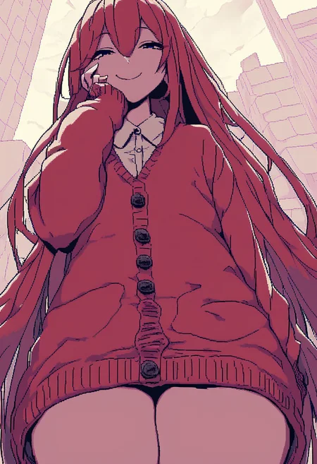 NGO_pixelart,
score_10, score_9, score_8_up, score_7_up, source_cartoon, solo, from below, dutch_angle, looking at viewer, leaning, hair_between_eyes, :3, smile, half-closed eyes, red hair, very long hair, long bangs, hair_over_face, hand on face, androgynous, cardigan, thick thighs, street