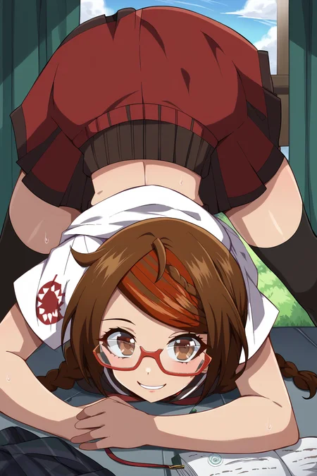 score_9, score_8_up, score_7_up, score_6_up, score_5_up, score_4_up, masterpiece, high quality, BREAK, full body, BREAK,   <lora:JackOPose [Pony XL]:0.8> JackOPose, jack-o' challenge, legs spread, head down, bending forward, top-down bottom-up, <lora:Misaki Sakimiya:1> Misaki_Sakimiya, large_breast, red_hairclips, brown_hair, brown_eyes, red_choker, pigtails, braided_pigtails, red_glasses, schoolgirl uniform