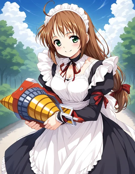 score_9, score_8_up, score_7_up, source_anime, rating_explicit, BREAK <lora:Spiral_Nami_Ver2.0_XL:1> Spiral_Nami_drill, brown hair, green eyes, maid headdress, ahoge, low-tied long hair, maid, medium breasts,
smile, apron, sky, cloud, day, outdoors, blush, looking at viewer, holding, ribbon, long sleeves, red ribbon, bow
outdoor, sky,