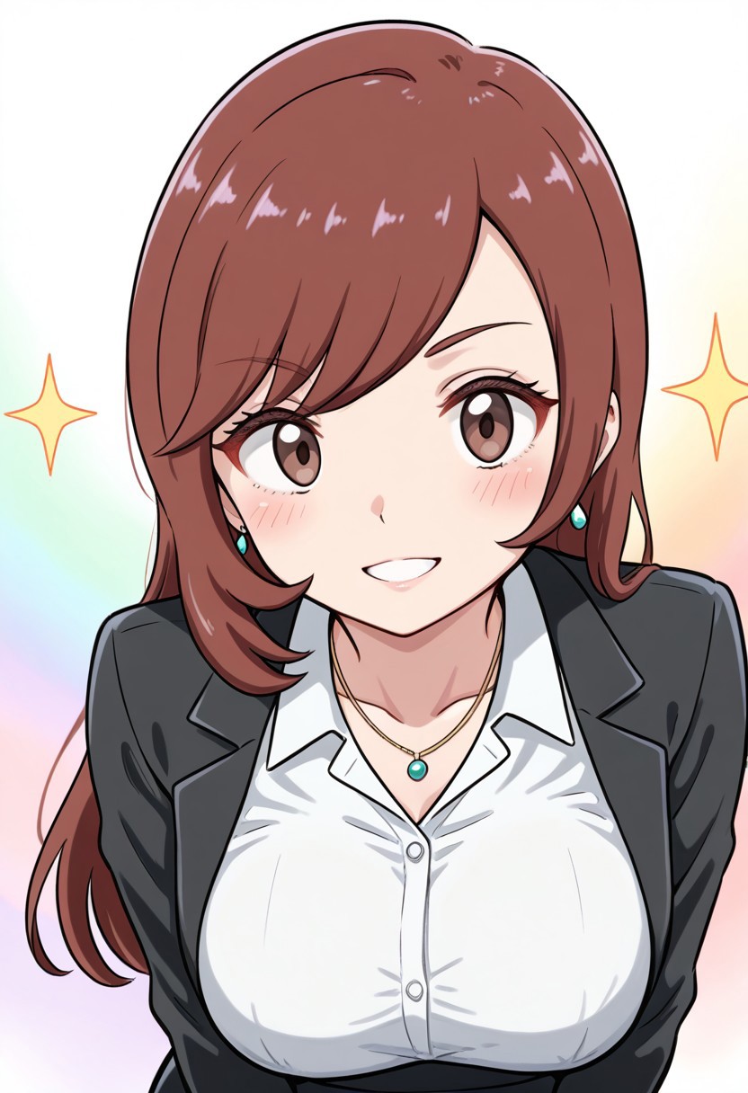 hinosaki, [[leveen]], 2d, masterpiece, best quality, amazing quality, 1girl, solo, close-up, standing, smile, upper body, leaning_forward, looking at viewer, multicolored background, sparkle, rainbow background, colorful background,
lasslgpe, lass \(pokemon lgpe\), brown eyes, brown hair, long hair, bangs, 
masterpiece, best quality, amazing quality, highres, absurdres, newest, adult body, mature female, grown up, medium breasts, office lady,black jacket, collared shirt, pencil skirt, black skirt, bracelet, necklace, earrings