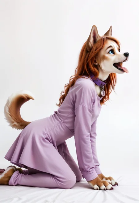 solo, dog girl, dog ears, wearing long sleeve purple 1960's dress,  on all fours, paw pose, canine tongue, tongue out, exited, lavender leather dog collar, paws, (raised tail under skirt), side view, external, in a meadow, human eyes, ((corgi dog muzzle)) , canine hind paws, canine hands, sitting like a dog, orange hair, hair in shoulder length style with bangs, in the style of Daphne from scooby doo, no human ears