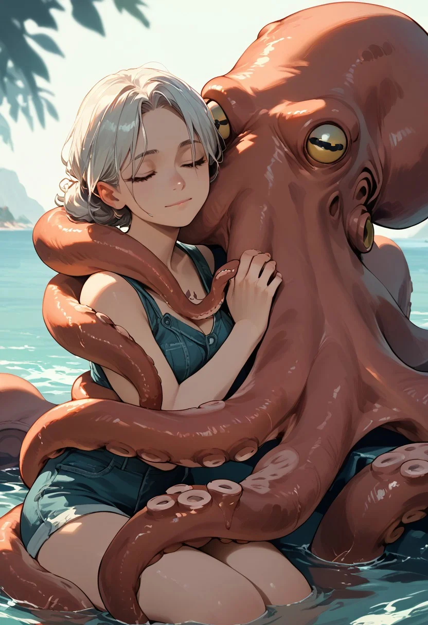 score_9, score_8_up, score_7_up, high quality, 1girl, octopus on chest, hugging