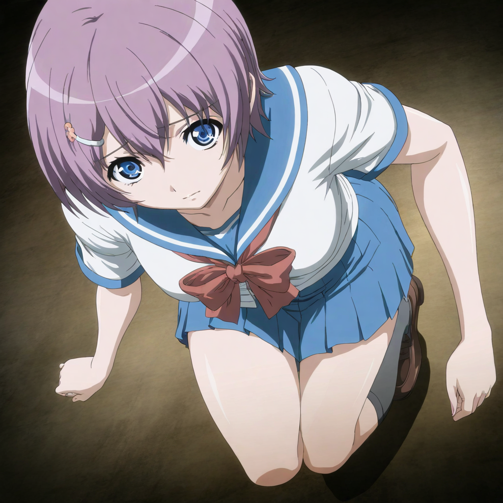 masterpiece,high score,great score,absurdres,solo,anime coloring,looking at viewer,<lora:AnnaIchinose hassakuill30:1> annaichinose, purple hair, short hair, hairclip, blue eyes,serafuku,bow,skirt,socks,