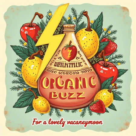 a vintage label illustration depicting lightning bolt shaped fruit, fruit labels, large logo that spells "ORGANIC BUZZ" At the bottom is the legend "For a lovely vacaneymoon"