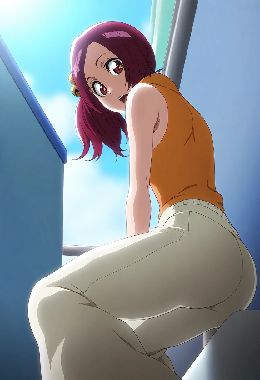 masterpiece, best quality, , , looking at viewer, , 1girl, ruby eyes, burgundy hair, twist-out, hair bobbles, Bell-bottom pants, Fringe top, Stilettos, ,, solo, from below, hospital, day, looking back, sparkling eyes, <lora:bleach_tybw_style_ilxl:0.82>, bleach_tybw_style,