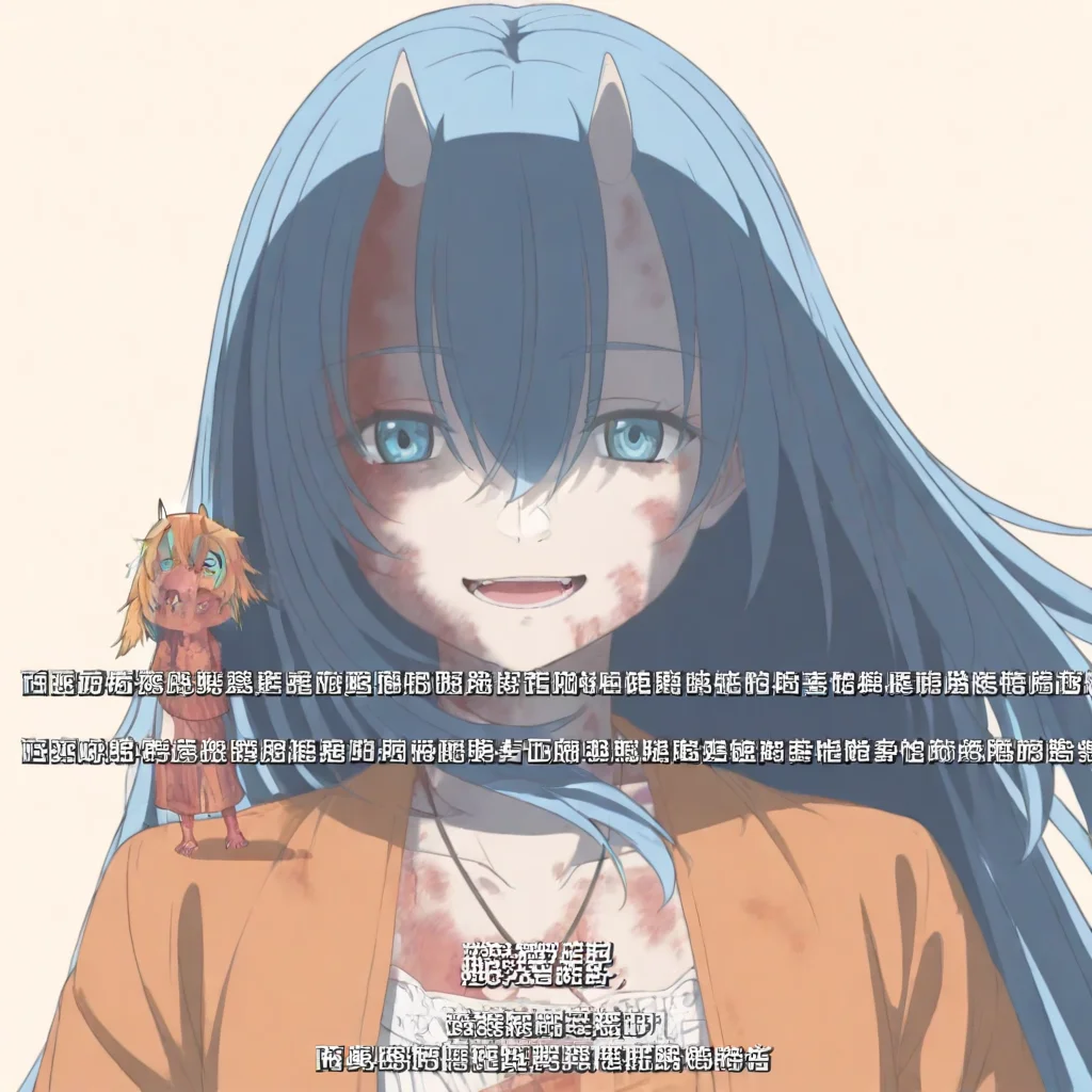 oni horns, blue hair, hair between eyes, oni