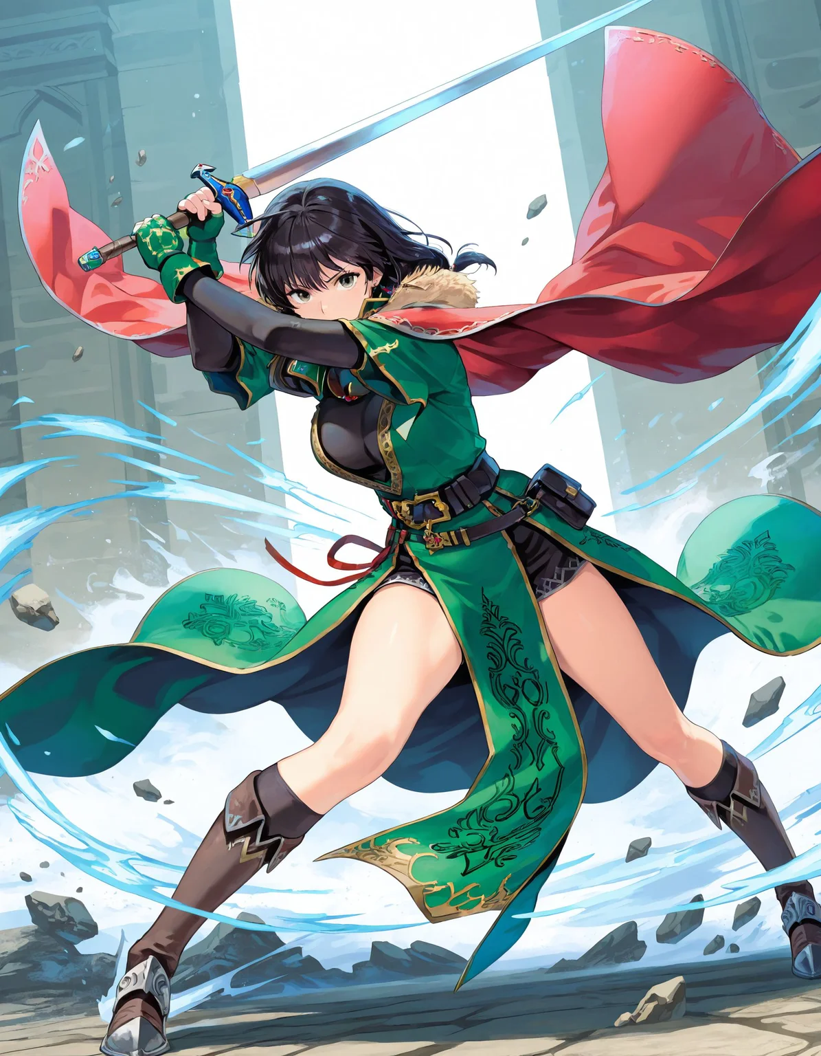 1girl,<lora:mareeta feh 2outfits_illustriousXL:0.8>,ascended mareeta,earrings,necklace,red cape,green gloves,fingerless gloves,layered dress,black belt,black pouch,pelvic curtain,black kneehighs,armored boots,full body,serious,standing,spread legs,holding sword,incoming attack,looking at viewer,masterpiece,best quality,amazing quality,