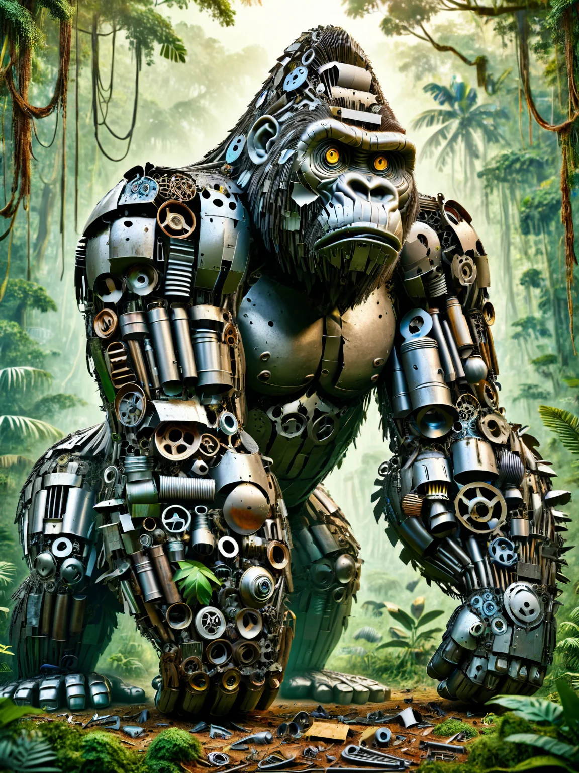 ais-scrapyrd gorilla, standing in the jungle <lora:Scrapyard_Style_SDXL:1>