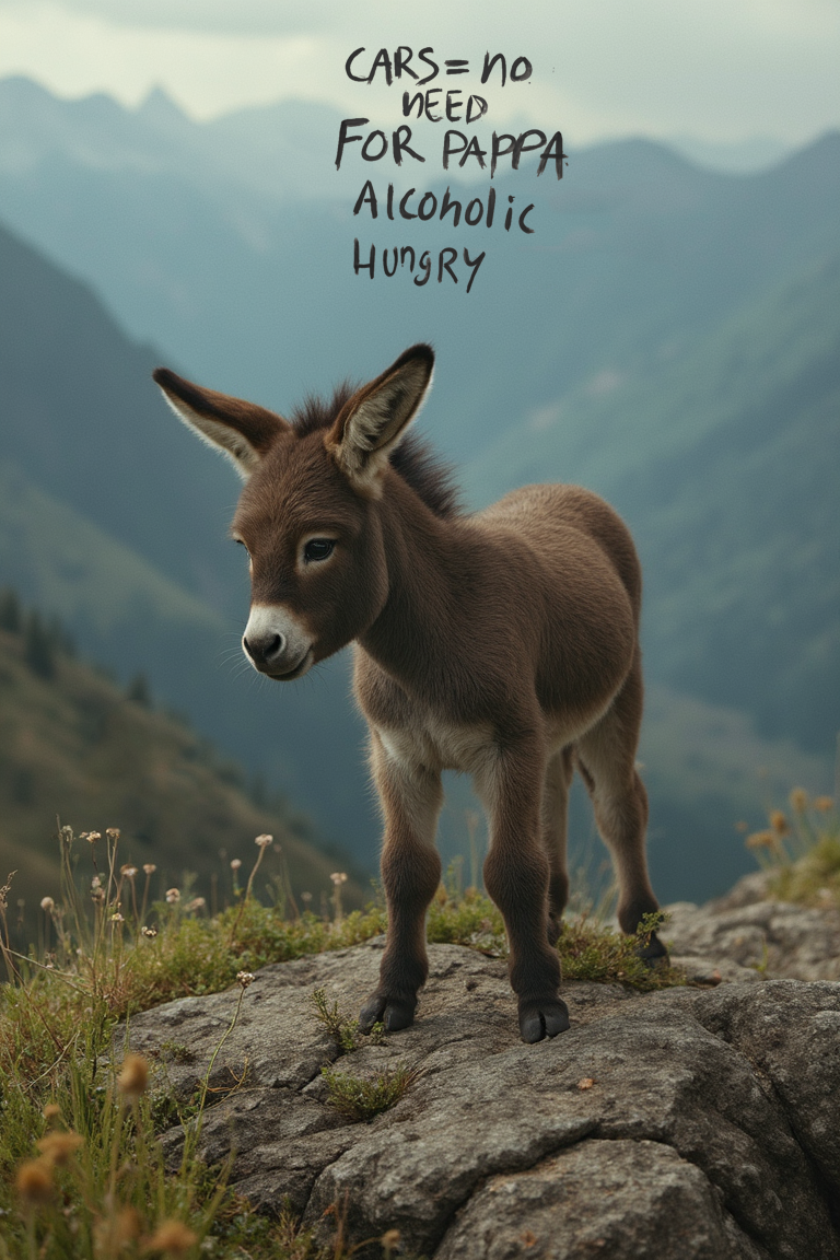 photo is taken from above. ((title with black text "cars = no need for pappa alcohol gone hungry")). In mountains on a lone rock, a young donkey searches for food. he looks up to the viewer with big puppy eyes and tears searching for love. The donkey's eyes, filled with a mix of hunger and sadness. He raises his feet, he wants you to carry him. The scene shows how climate change disrupts natural habitats and endangers wildlife. Captured with Kodak film. 