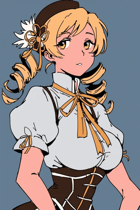 score_9, score_8_up, score_7_up, mahou shoujo madoka magica, tomoe mami, tomoe mami \(magical girl\), black hat, blonde hair, breasts, drill hair, hat, large breasts, medium hair, neck ribbon, parted bangs, puffy short sleeves, puffy sleeves, ribbon, shirt, short sleeves, twin drills, white shirt, yellow eyes, yellow trim, solo, solo focus, portrait, blue background, Walking away from the camera, <lora:choo:1>