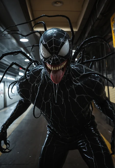 raw photo of Symbiote with creeping black tendrils, fangs, urban subway setting, cinematic lighting, high contrast, gritty and dynamic