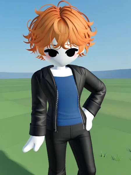 (score_9,score_8_up,score_7_up), source_anime, 3d, chibi, roblox, solid cirle eyes, black eyes, no mouth, blush, 1boy, solo, cowboy shot, looking at viewer, sky, day, black pants, orange hair, black eyes, colored skin, hand on hip, grass, black jacket, (blue shirt), messy hair, white skin, field