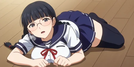 score_9, score_8_up, score_7_up, source_anime, rating_safe, intricate details, anime screencap, official style, 1girl, solo, <lora:Kurata_Nao:1>, kuratanao, black hair, black eyes, blunt bangs, twinbraids, glasses, school uniform, sailor collar, short sleeves, red ribbon, blue skirt, pleated skirt, black thighhighs, looking at viewer, embarrased, full body, blush, large breasts, lying on floor, breath, open mouth