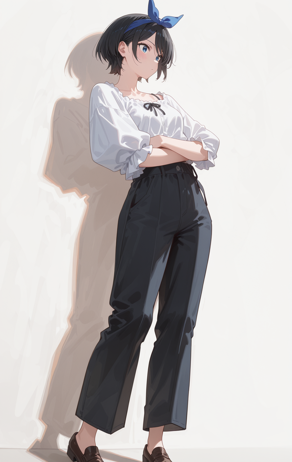 perfect quality,high quality,masterpiece,best quality,amazing quality,very aesthetic,absurdres,Cinematic Lighting,newest,Tactical use of shadow,
front view,full_shot,Joyful laughter,
SarashinaRukaCYQL,<lora:SarashinaRukaCYQL:1>,1girl,solo,short hair,black hair,bangs,hairband,blue eyes,Wide-leg trousers, puff sleeve blouse, heeled loafers,
full body,standing,hugging_own_legs,,
mediumblue background,simple background,
<lora:ponyv4_noob1_2_adamW:0.7>,<lora:spo_sdxl_10ep_4k-data_lora_webui:0.6>,<lora:USNR STYLE_XL_lokr:0.45>,<lora:illustrious_all_rated_v1:0.7>,<lora:96YOTTEA-WAI:0.8>,