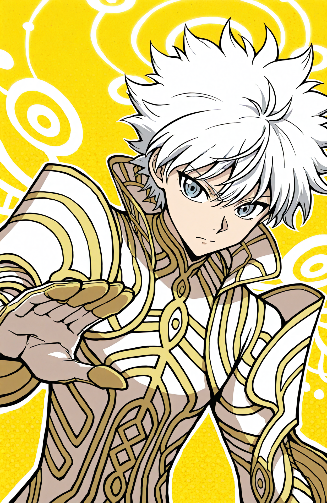 zanza_outfit, zanza_halo,
killua zoldyck,
close-up, upper body, dynamic angle,
1boy, solo,
dynamic pose,
fighting stance, 
anime style,
halftone background, spot color, thick white outline, color contrast, high contrast, polka dot background, abstract background, colored shadow,
<lora:[Char - IL] Xenoblade - Zanza [+Clothes] (R1E14):1>