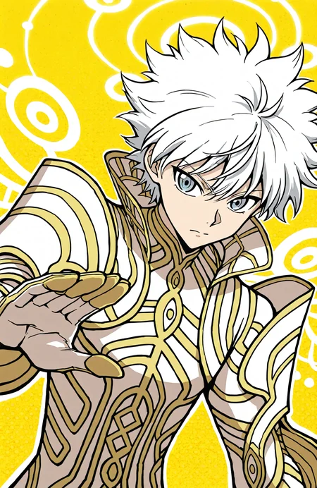 zanza_outfit, zanza_halo,
killua zoldyck,
close-up, upper body, dynamic angle,
1boy, solo,
dynamic pose,
fighting stance, 
anime style,
halftone background, spot color, thick white outline, color contrast, high contrast, polka dot background, abstract background, colored shadow,
<lora:[Char - IL] Xenoblade - Zanza [+Clothes] (R1E14):1>