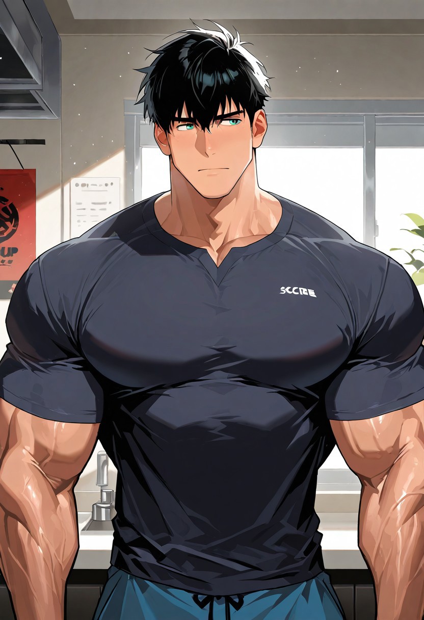 score_9,score_8_up,score_7_up, score_9, score_8_up, Intricate Details, Masterpiece, Best Quality, 1man, mature, bara, solo, male focus, correct anatomy, perfect hands, stylized seinen anime style, lots of details, shaded, detailed shading, detailed skin, counter shading, 4 panel comic, a man going though muscle growth