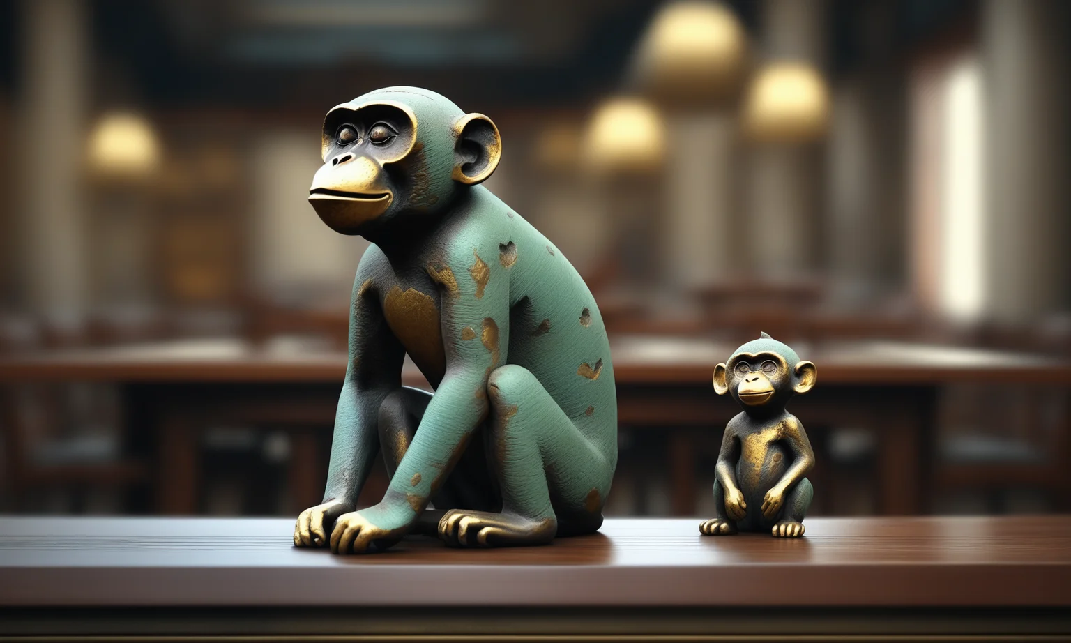 <lora:bronzecd_xl-000006:0.7>,a statue of a monkey made of (bronzecd_xl,bron,cyan:0.1) in office scene,full body,miniature,tilt-shift,indoors,chinese zodiac,wooden table,cutie,cute,still life,animal statue,front view,facing viewer,looking at viewer,(Unbelievable Digital Artwork:1.3),CGSociety,ArtStation,master works, 8K, HDR, UHD, masterpiece, best quality, highly detailed, high resolution, finely detail, extremely detailed, ultra detailed, wallpaper