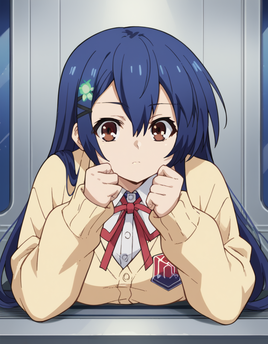 score_9, score_8_up, score_7_up, source_anime, <lora:shiori-itsuka-s2-ponyxl-lora-nochekaiser:1>, shiori itsuka, long hair, hair ornament, brown eyes, blue hair, hairclip, otoko no ko,, skirt, ribbon, school uniform, pleated skirt, cardigan, blue skirt, yellow cardigan,, space elevator, tall, space, futuristic, technology, , <lora:the-pose-ponyxl-lora-nochekaiser:1>, the pose, on stomach, feet up, lying, soles, feet, legs up, head rest, barefoot, looking at viewer, solo,, dutch angle, cowboy shot