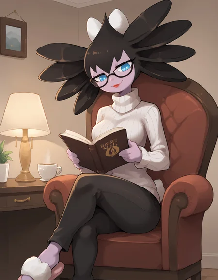 score_9, score_8_up, score_7_up, gothitelle, black hair, multicolored skin, blue eyes, red lips, pokemon \(creature\), (solo), 1girl, anthro, turtleneck sweater, sitting on armchair, glasses, reading book, reading, tea, coffee table, standing lamp, pants, head tilt, cozy, (noseless), crossed legs, smile, half-closed eyes, bunny slippers, <lora:cefaa866-a58e-40ba-a219-79ab392f7d60:1.0>, <lora:cd26c091-2d99-4d47-8534-b62868e6d83e:0.9>