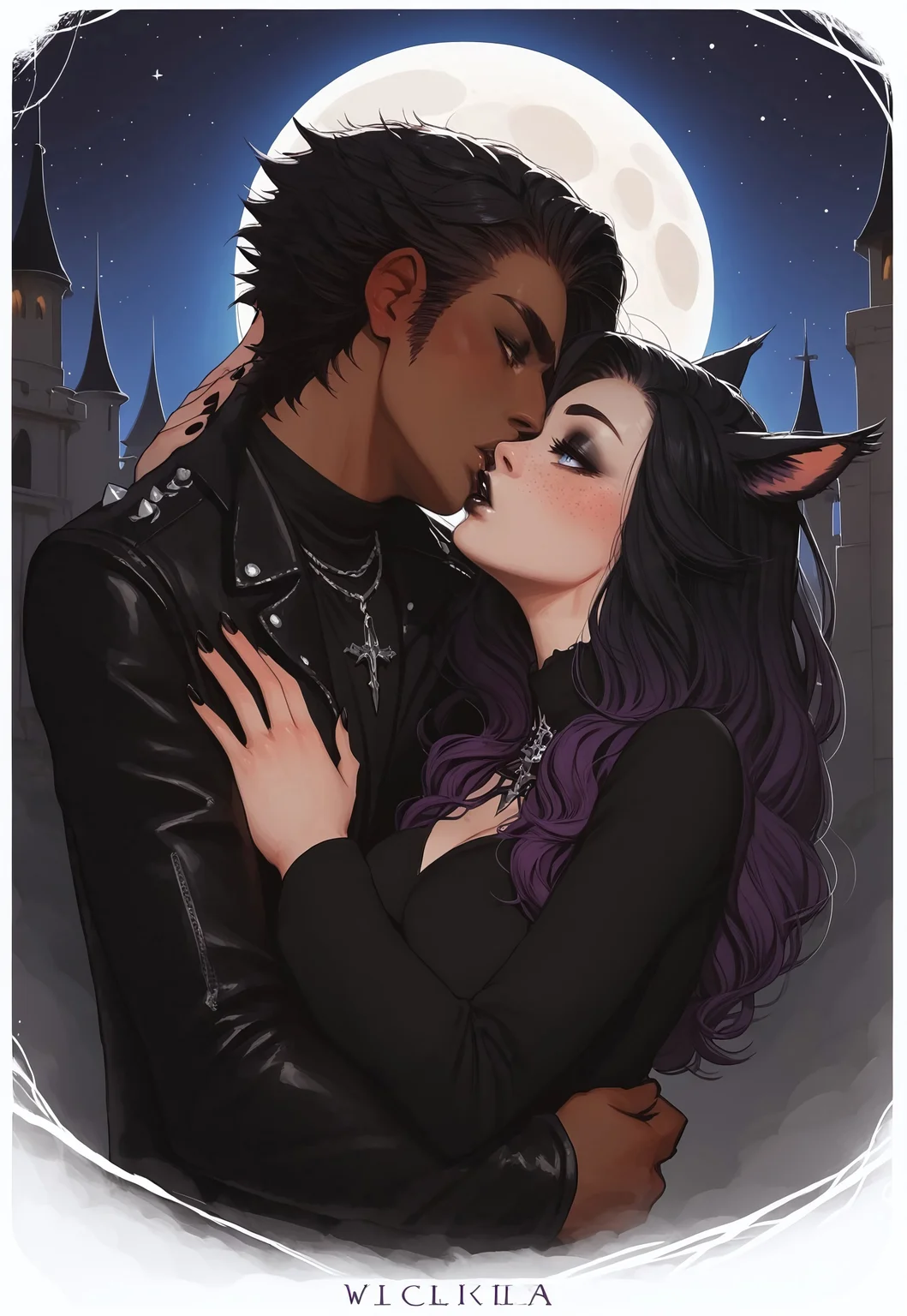 safe_pos, score_9,score_8_up,score_7_up,score_6_up, 1girl, 1boy, sexy goth woman with pale skin, miqo'te, FemmeMiq, cat girl, cat ears, animal ears, animal ear fluff, ((woman with long black hair with purple highlights)), bangs, freckles, bold makeup, black nails, black lips, long eyelashes, eyeliner, ((large expressive blue eyes)), hourglass figure, medium breast, perky breast, cleavage, perfect round ass, dark eyeliner, long eyelashes, dark pupils, high contrast shadows, goth dress, gothic, black dress, detailed dress, lollita dress, black dress, lollita, vampire dress, black details, goth dress,((BREAK)), sexy biker man, ((dark skinned viera man)), toned muscles, tall, ((man with rugged black hair)), rugged features, ((leather jacket)), ((black tank top)), tight jeans, biker boots, ((large expressive golden eyes)), high res image, masterpiece, dynamic shot, <lora:Expressive_H:0.65> <lora:incase-ilff-v3-4:0.5> <lora:g0th1cPXL:0.45> <lora:princess_pony_v1:0.1> <lora:Branwen_QBR:0.7>, high gradient eyes, eyesHD, dynamic pose, dynamic, detailed eyes, high definition eyes, amazing quality, wallpaper, hug, deep kiss, kiss, head tilt, wide angle, castle, exterior, nighttime, moon, moonlight, stars, gargoyle. bats,