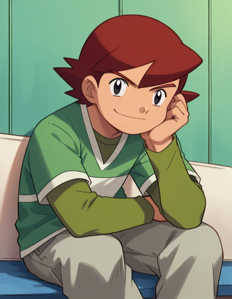 score_9, score_8_up, score_7_up, source_anime,
<lora:pokemon-kenny-anime-ponyxl-lora-nochekaiser:1>, kenny, short hair, bangs, red hair, male focus, black eyes, 
shirt, long sleeves, short sleeves, pants, green shirt, grey pants,
indoors, sitting, head rest, smile,
looking at viewer, cowboy shot, dutch angle, solo,