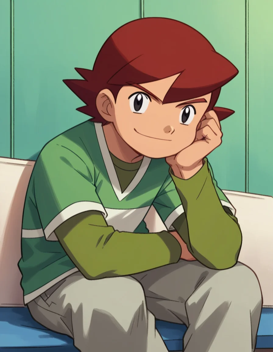 score_9, score_8_up, score_7_up, source_anime,
<lora:pokemon-kenny-anime-ponyxl-lora-nochekaiser:1>, kenny, short hair, bangs, red hair, male focus, black eyes,
shirt, long sleeves, short sleeves, pants, green shirt, grey pants,
indoors, sitting, head rest, smile,
looking at viewer, cowboy shot, dutch angle, solo,