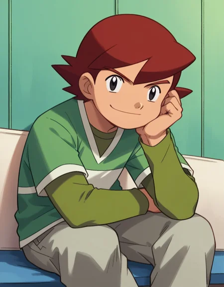 score_9, score_8_up, score_7_up, source_anime,
<lora:pokemon-kenny-anime-ponyxl-lora-nochekaiser:1>, kenny, short hair, bangs, red hair, male focus, black eyes,
shirt, long sleeves, short sleeves, pants, green shirt, grey pants,
indoors, sitting, head rest, smile,
looking at viewer, cowboy shot, dutch angle, solo,
