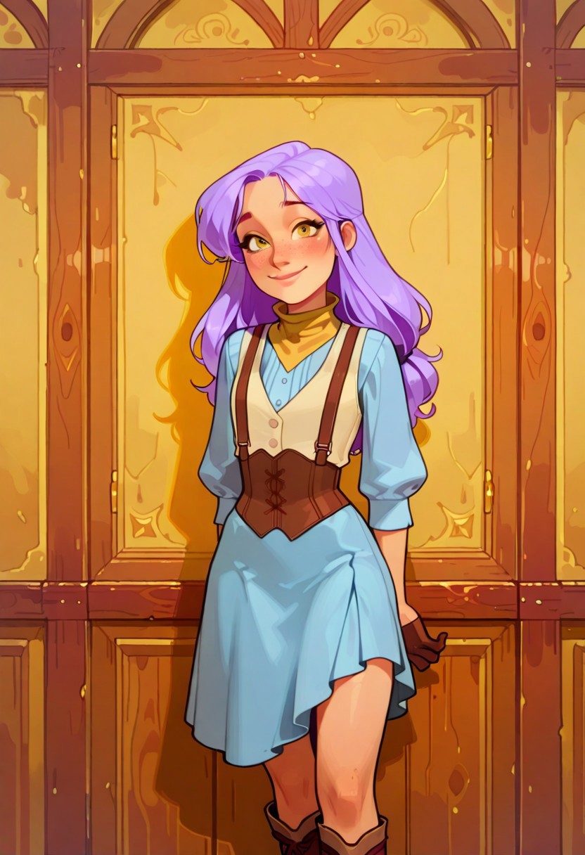 score_9, score_8_up, score_7_up, score_6_up, imogen temult, 25 year old, source_western
cyan dress, cream vest, long purple hair, freckles, yellow scarf, bare legs, ((long)) blue skirt, boots, suspenders, half gloves, long hair
1 girl, standing, inside, cowboy shot, smile
easynegative
ExpresHGothicNeonIncase
4s0r4,