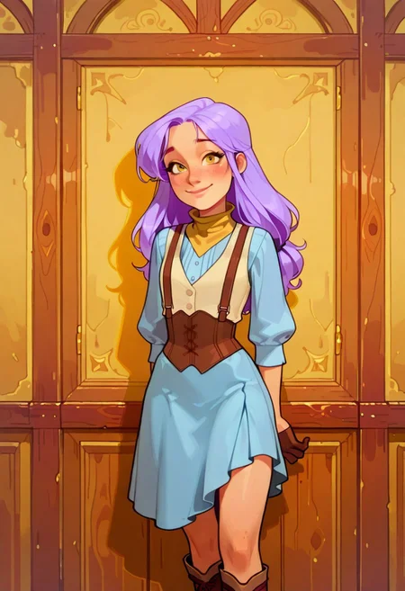 score_9, score_8_up, score_7_up, score_6_up, imogen temult, 25 year old, source_western
cyan dress, cream vest, long purple hair, freckles, yellow scarf, bare legs, ((long)) blue skirt, boots, suspenders, half gloves, long hair
1 girl, standing, inside, cowboy shot, smile
easynegative
ExpresHGothicNeonIncase
4s0r4,