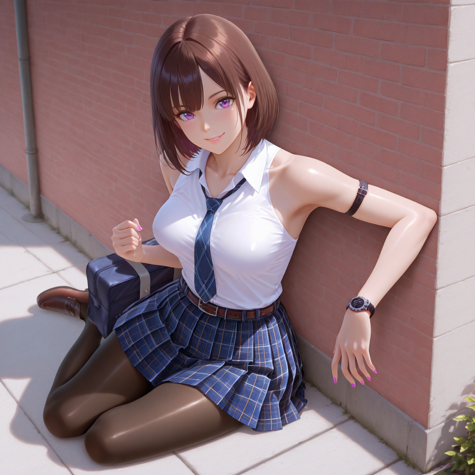 (masterpiece, best quality,solo,full body:1.4),highres,illustration,8k,Ultra_realistic,(looking at viewer,  collarbone),(shiny_eyes,sparkling_eyes,smile,lying against wall,:1.2),
sheila,skirt,necktie,brown hair,sleeveless,sleeveless shirt,plaid skirt,blue necktie,purple eyes,plaid,white shirt,blue skirt,dress,wristwatch on left arm,medium hair,floral print,bare shoulders,collared shirt,bob cut,pleated skirt,black pantyhose,nail polish,school uniform,belt,brown footwear,bag,
medium breasts,bouncing breasts,outdoors,<lora:aidmaImageUpgrader-v0.3-IL:0.6>,<lora:sheila(IL):0.75>,
