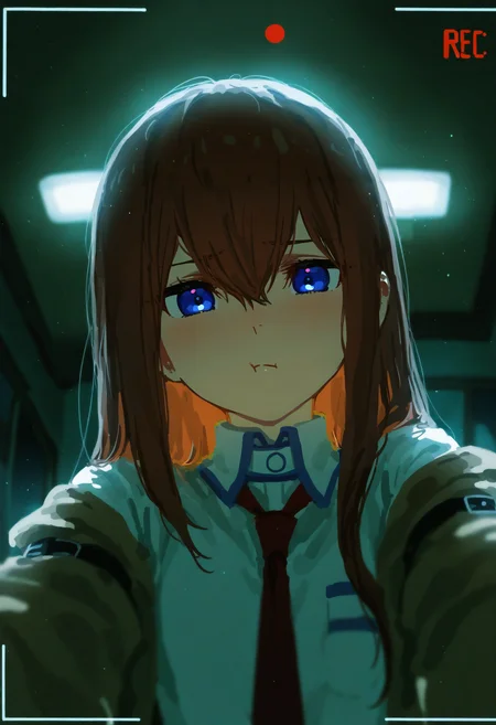 masterpiece, best quality, good quality, aruhshura,
steins;gate, makise kurisu, 1girl, arm strap, bangs, blue eyes, brown hair, brown jacket, closed mouth, collared shirt, depth of field, expressionless, eyebrows visible through hair, from below, hair between eyes, indoors, jacket, light blush, light particles, long hair, looking at viewer, necktie, off-shoulder jacket, off shoulder, reaching towards viewer, red necktie, shirt, solo, straight hair, upper body, white shirt, window, dim lighting, chiaroscuro, night, pout, recording, from below, camera hud,
<lora:ai_styles_collection_noob_vpred-0.6_v3:1>