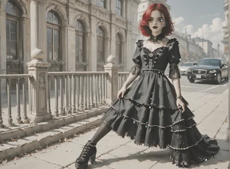 score_9, score_8_up, score_7_up, setting focus, character in foreground, establishing shot, 1girl, pale skin, medium breasts, <lora:sm0k3XLP:1>, <lora:goth_clothes:1>, goth dress, gothic, black dress, detailed dress, black high heeled shoes, crimson red hair, black highlights, <lora:nashidrop:1>, <lora:Eldritch_Universe_Style:1>,