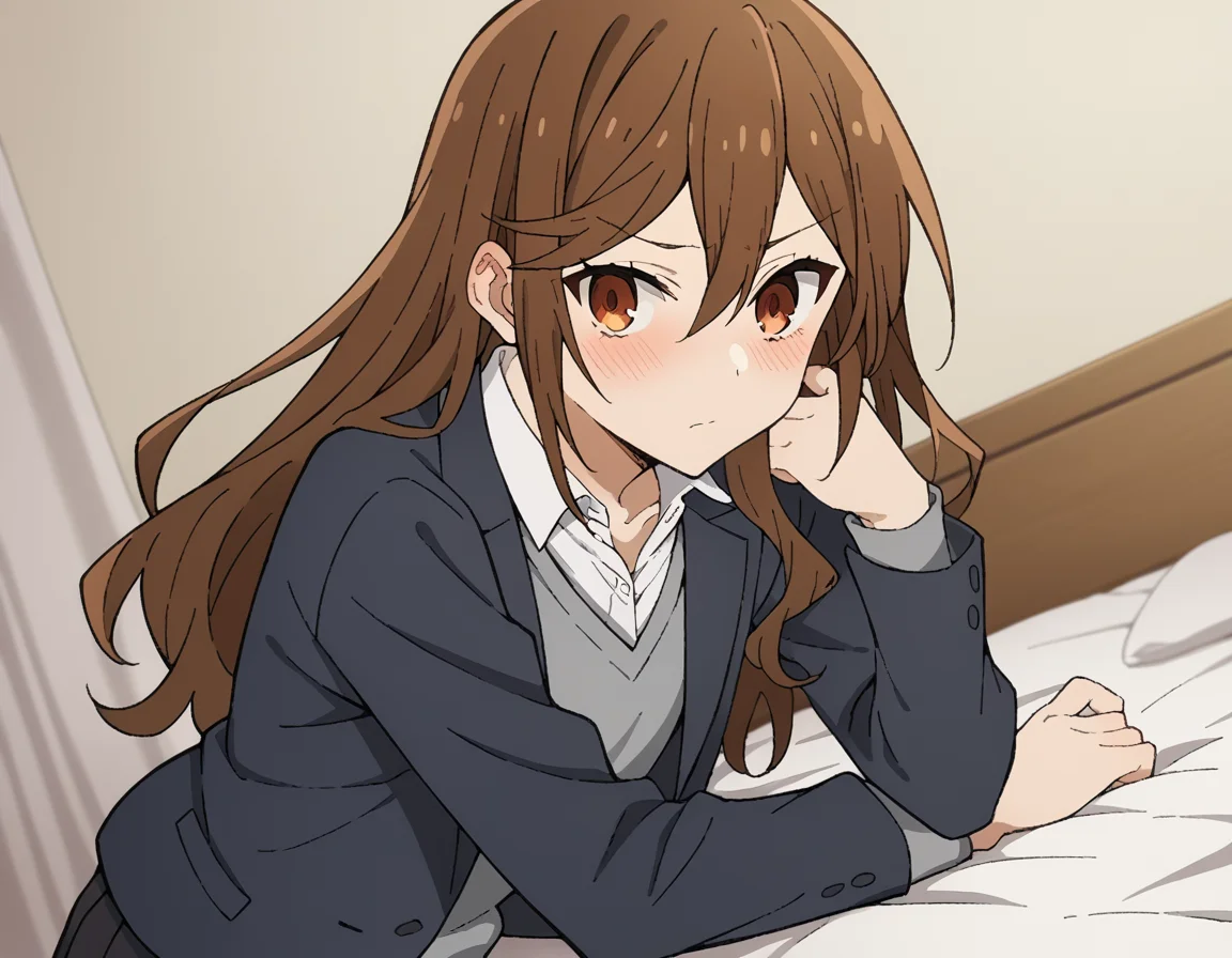 score_9, score_8_up, score_7_up, source_anime,
kyoukohori, <lora:kyouko-hori-s2-ponyxl-lora-nochekaiser:1>,
kyouko hori, long hair, bangs, brown hair, hair between eyes, brown eyes,
shirt, school uniform, jacket, collared shirt, blazer, sweater, grey sweater, white shirt, black blazer, skirt, black skirt,
indoors, bed, bed room, on side, blush, drunk,
cowboy shot, looking at viewer, solo, dutch angle,