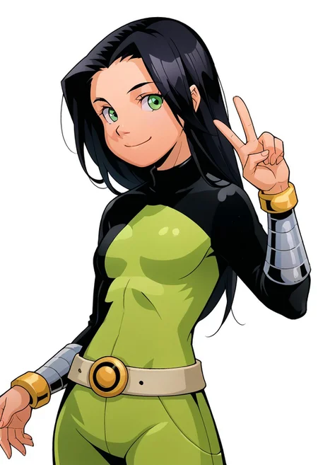 score_8, score_8_up, score_7_up, 1girl, female focus, solo, Caitlin_PP, black hair, long hair, green eyes, small breasts, turtleneck, Power Pack uniform, asymmetrical clothes, print bodysuit, green bodysuit, black bodysuit, bracers, metal bracers, belt, cowboy shot, looking at viewer, smile, v, rating_safe, simple background, white background